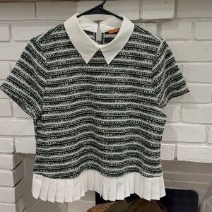 Belldini Black, White & Dark Green Striped Tweed Top with Pleated Hem